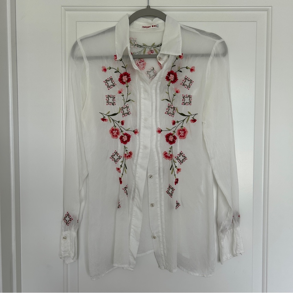 Johnny Was White Sheer Blouse with Floral Embroidery